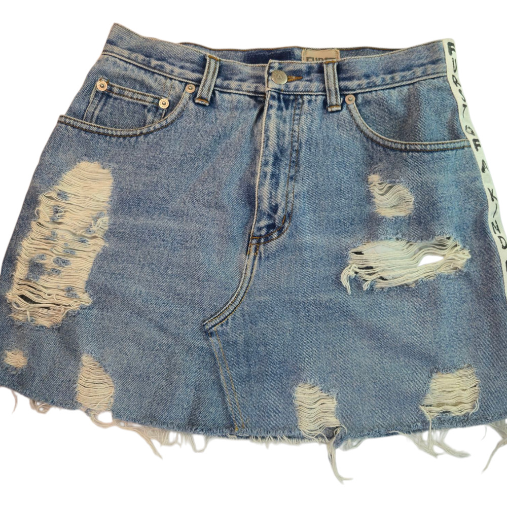 Furst Of A Kind Denim Y2K Skirt Distressed Jean Skirt 28 Waist, 14" Long Grunge